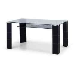 Statement Glass and Black Faux Leather Dining Table with Under Shelf 