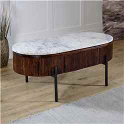 Ruby Mango Wood Rectangular Fluted Coffee Table With Marble Top & Metal Legs